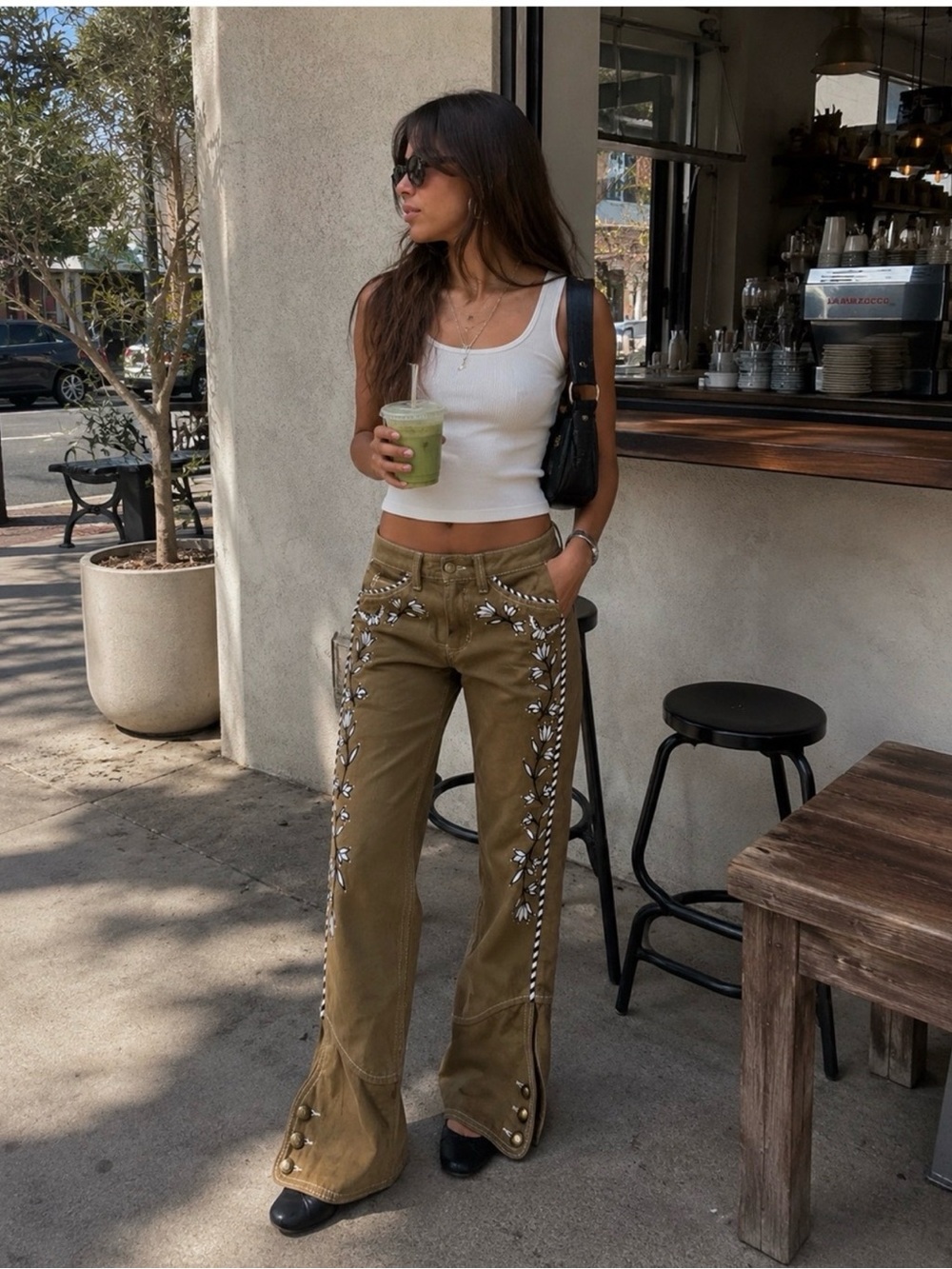 Isabel Marant Embroidered Flare Jeans Khaki Brown FR 34 EUC